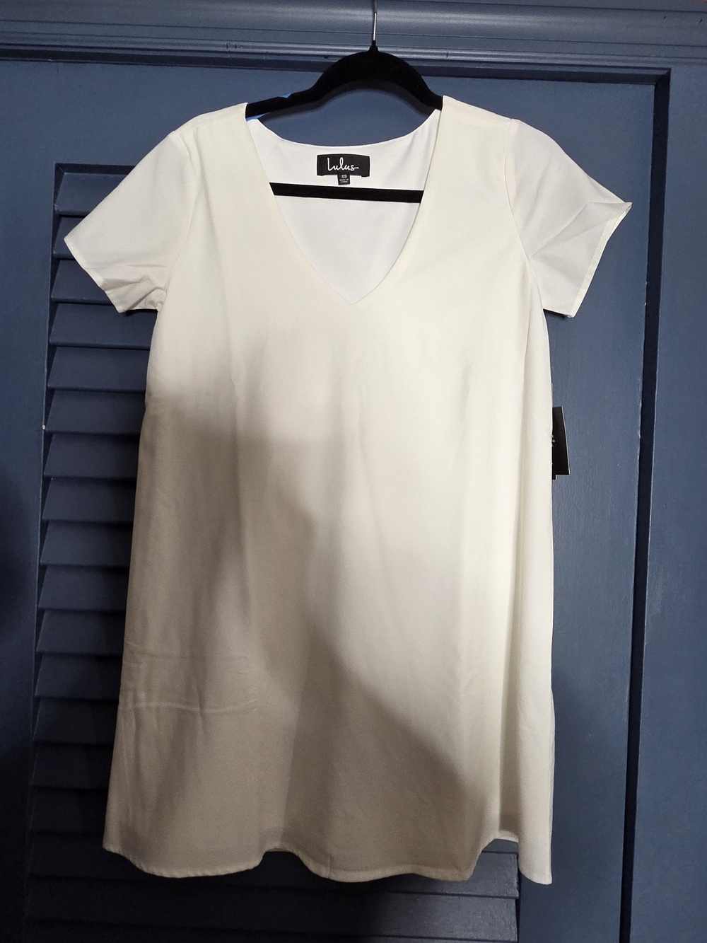 Lulu's Cream V-Neck Short Sleeve Tunic/ Mini Dress